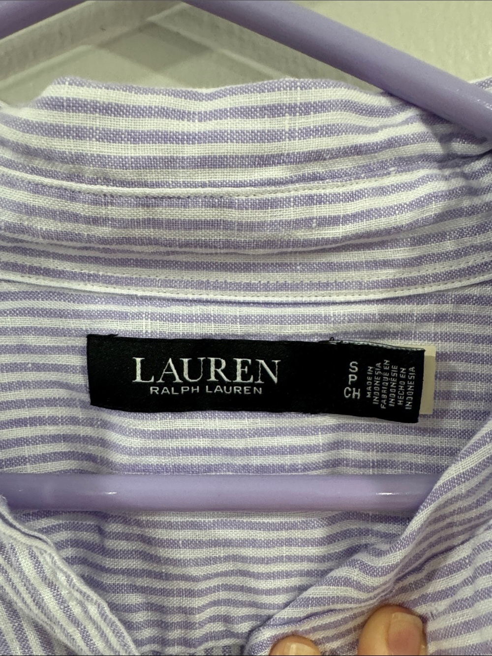 Ralph Lauren womens Lavender linen and White Striped long sleeve Button-Up Shirt - Picture 5 of 6